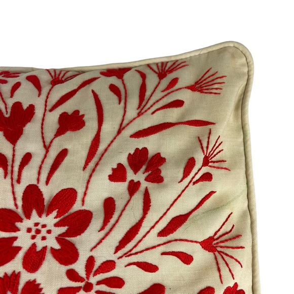 Vintage Floral Embroidered Square Accent Pillow Cream Red Small Couch Chair 14” - Picture 5 of 16